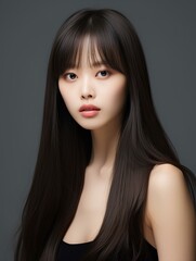 Fototapeta premium Portrait of beautiful young Korean woman with long straight hair with soft bangs, AI Generative