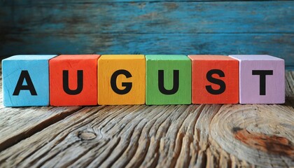 Month of August written on colorful wooden blocks