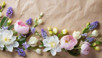 bouquet of spring variety flowers on a tan background