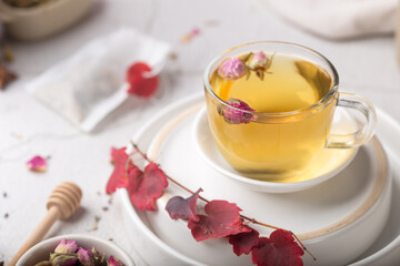 Cup of aromatic freshly brewed herbal tea 