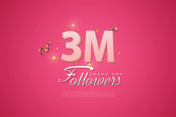 3000 followers card light Pink 3M celebration on Pink background, Thank you followers, 3M online social media achievement poster, 