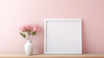 White empty mockup frame on a blush pink wall, mounted on a wooden cabinet.
