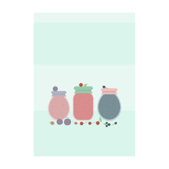 Poster with jars of jam or juice and fruits and berries on the kitchen table, flat illustration - 699282376