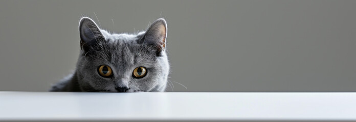 Charming Grey British Cat Playfully Peeking Behind a White Table, Offering Copy Space for Your Creativity.