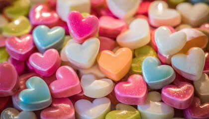 Fototapeta na wymiar Colorful heart shaped candies and sweets for valentine's day