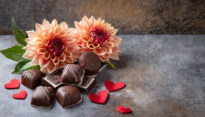 Chocolates and dahlias on stone for Valentine's Day, Mother's Day, Weddings, and more.