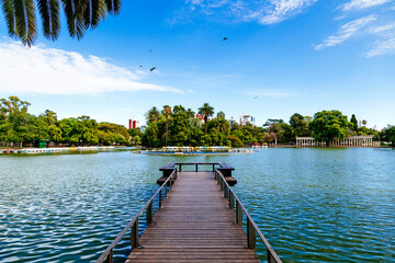 Rosario Argentina, Independence Park. Panoramic view of the lake with colorful boats. Touristic...
