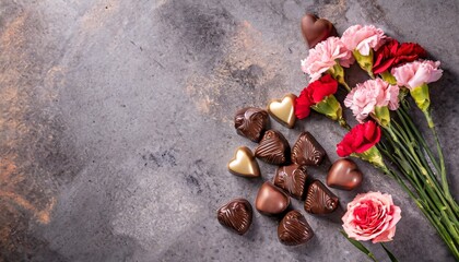 Chocolates and colorful tulips on stone for Valentine's Day, Mother's Day, Weddings, and more.