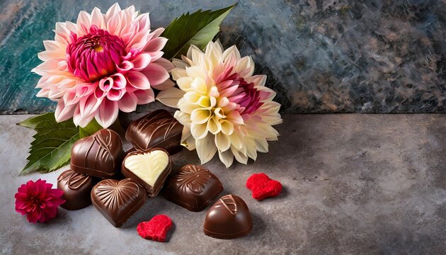 Chocolates and dahlias on stone for Valentine's Day, Mother's Day, Weddings, and more.