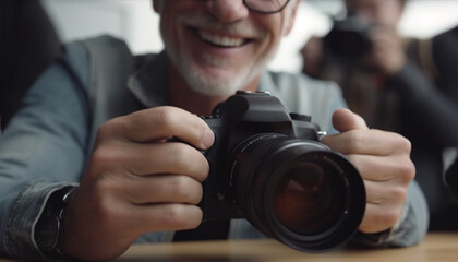 A smiling photographer holding a camera, capturing moments with expertise generated by AI - obrazy, fototapety, plakaty