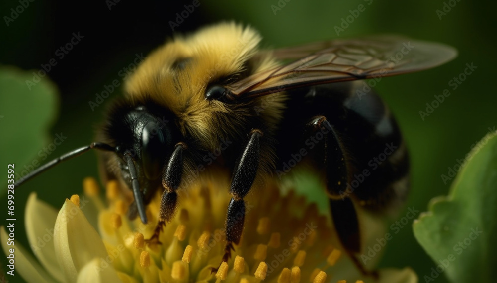 Poster busy honey bee picking up pollen from a yellow flower generated by ai