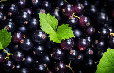 Heap of fresh black currant fruit, closeup macro detail from above. Generative AI