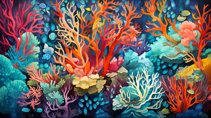 Fototapeta na wymiar Artistic underwater painting bursting with vibrant corals and marine life, evoking oceanic wonder.