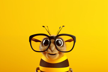 Cartoon bee with glasses on a yellow background, advertising, copy space