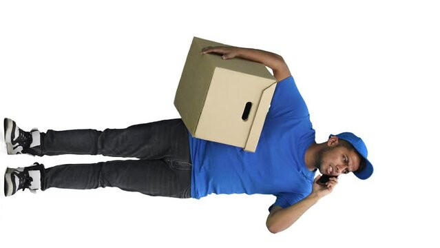 A man on a white background with box conversate on the phone