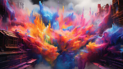 Iridescent splashes of paint collide in a digital explosion, transforming an urban landscape into a surreal canvas of graffiti abstraction