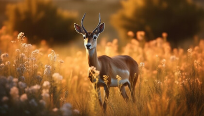 Impala standing in the grass, looking at the sunset generated by AI