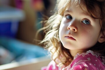 Headshot of a Sad serious little girl looking away near a window