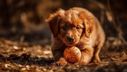 Cute puppy playing with a ball in the autumn forest generated by AI