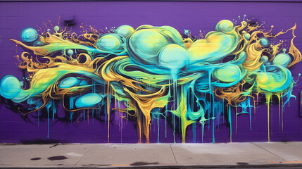 Liquid gold drips down a virtual wall, mingling with cosmic purples and greens, forming an electrifying abstract graffiti scene against an urban background