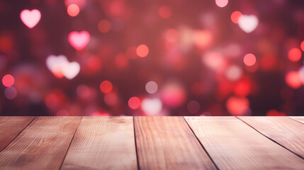 Wooden tabletop and blurred background with beautiful bokeh as hearts for displaying or mounting your products for Valentines Day