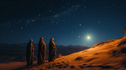 Epiphany Bethlehem Three Wise Men on their Way to Bethlehem Mary and Joseph and Baby Jesus Wallpaper Digital Art Illustration Graphic Background Cover Magazine 