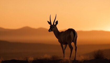 Silhouette of horned mammal standing in African wilderness at sunset generated by AI