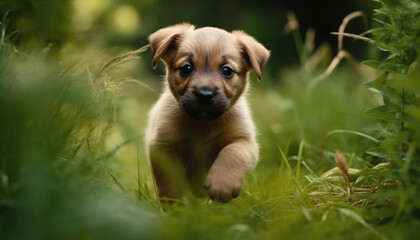 Naklejka na ściany i meble Cute puppy playing in the grass, enjoying the outdoors generated by AI