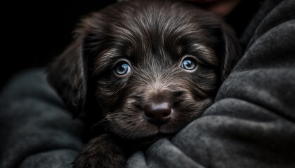Cute puppy sitting, looking at camera, fluffy fur, purebred dog generated by AI