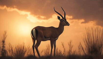 Silhouette of horned mammal standing in sunset on African savannah generated by AI