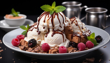 Homemade gourmet ice cream sundae with raspberry and chocolate generated by AI