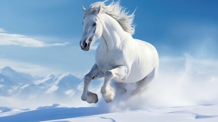 Obraz na płótnie Canvas White horse running in the snow, horse wallpaper, blue skye, white tone background, generative AI