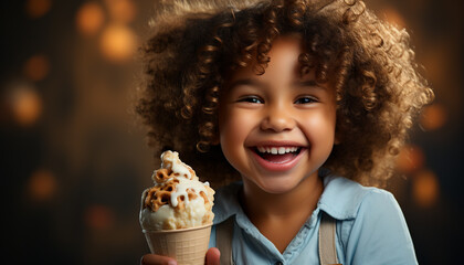 Naklejka premium Child smiling, holding ice cream, enjoying sweet summer treat generated by AI