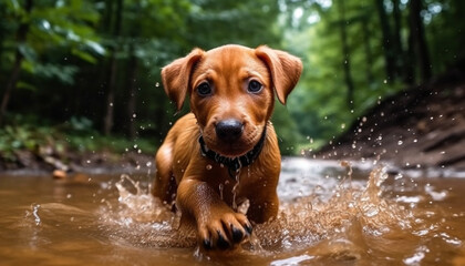 Cute puppy playing in water, enjoying the summer outdoors generated by AI
