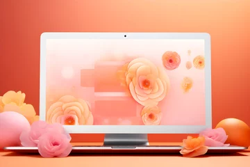  Colorful view of the website design on the computer screen in the style of Peach Fuzz color. Heartfelt peach hue. Banner.