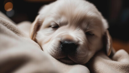 Obraz premium Cute puppy sleeping, small and tired, resting on fluffy blanket generated by AI