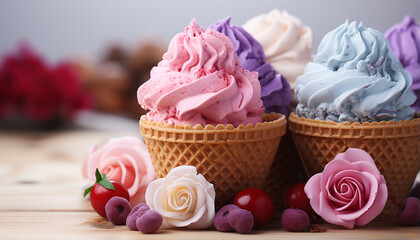 Homemade ice cream, sweet raspberry, chocolate indulgence, fresh strawberry generated by AI