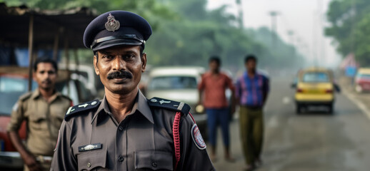 Obraz premium Indian man working as police officer or cop, closeup portrait, blurred city background. Generative AI