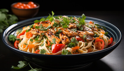 Healthy vegetarian pasta meal with fresh tomato and cooked asparagus generated by AI