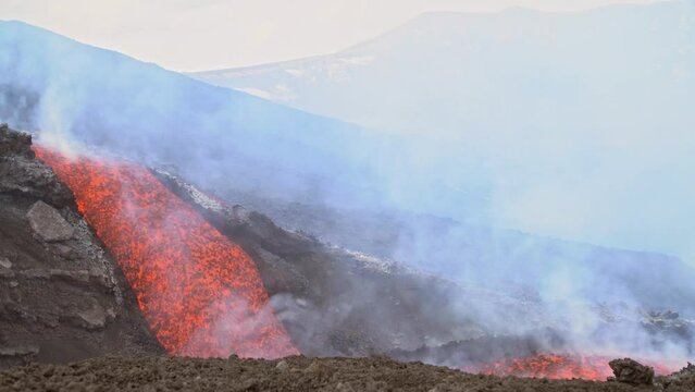 Etna Eruption in Sicily. Lava flow 