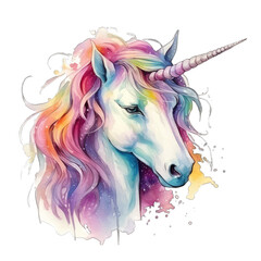 Watercolor rainbow unicorn, portrait, isolated on transparent background