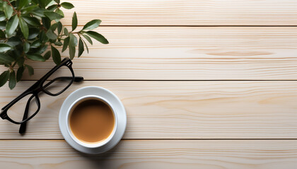 Coffee cup on wooden desk, a refreshing break in the office generated by AI