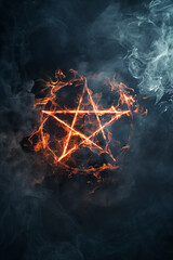 Fototapeta premium Fire yellow pentagram - fantasy pentagram star in flames, fire, smoke and mist - black background - witchcraft spooky horror symbol - dark black background - ethereal nightmare concept art