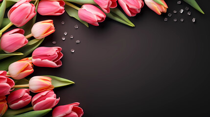 pink tulips as artistic frame on black background with copy space, beautiful tulip border with negative space, asymmetric - obrazy, fototapety, plakaty