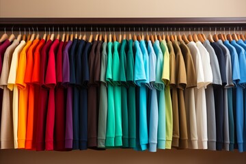 Impeccably Arranged by Color T-shirt Collection on Elegant Wooden Hangers