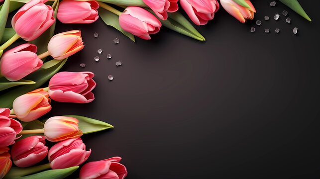 pink tulips as artistic frame on black background with copy space, beautiful tulip border with negative space, asymmetric