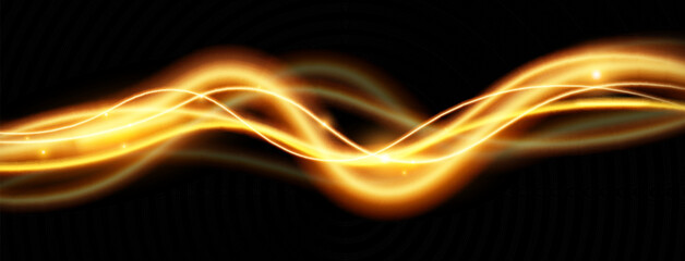 Light gold effect of shiny lines.Gold color glowing design element.Wavy bright stripes.	

