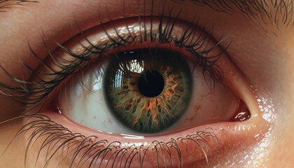 Close up of a human eye looking, macro iris, eyelash, women watching generated by AI