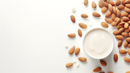 Obraz na płótnie Canvas Almond milk in a bowl and almonds on white background, top view