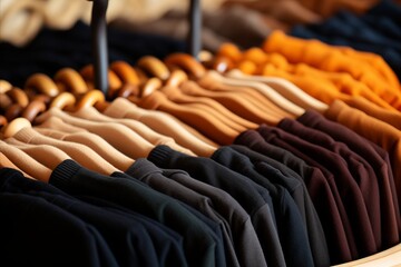 Obraz premium Elegant Collection of Neatly Arranged T-Shirts on Wooden Hangers Exuding Sophistication and Style